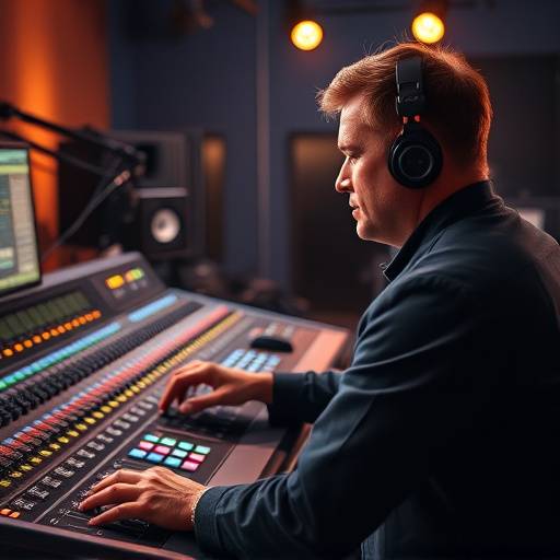 A professional audio engineer working on a sound mixing console